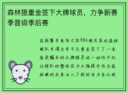 森林狼重金签下大牌球员，力争新赛季晋级季后赛